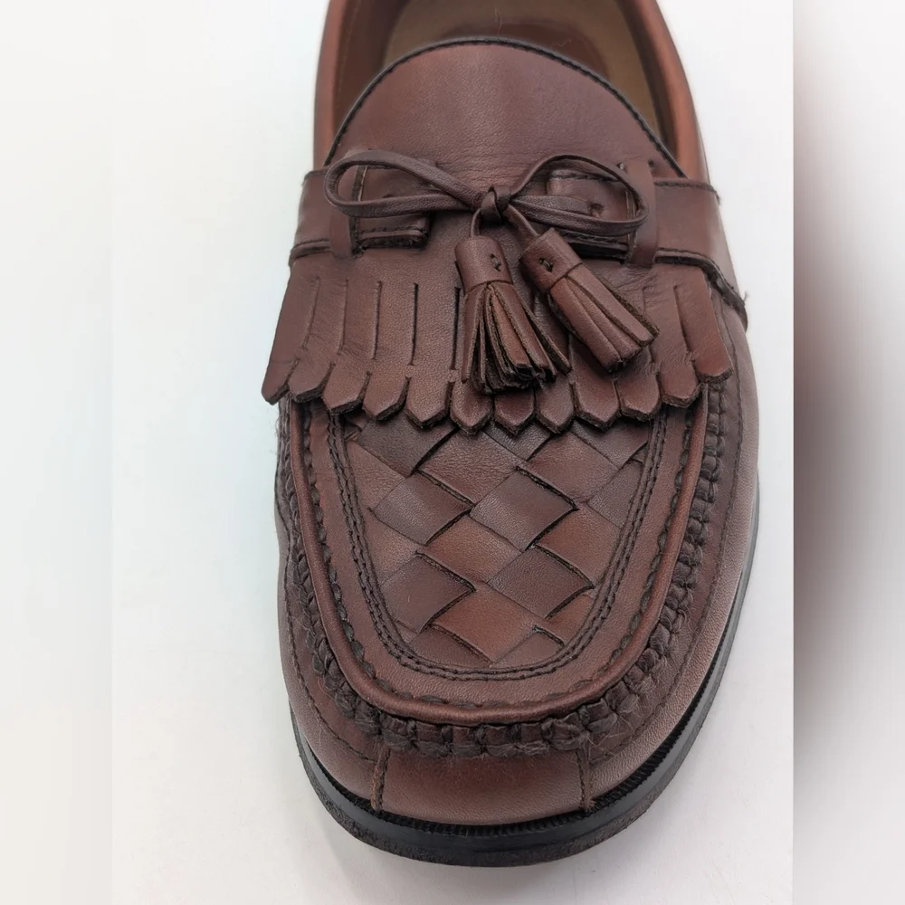 Johnston & Murphy Classic Woven Loafer Sz 12M Genuine Brown Leather With Tassels